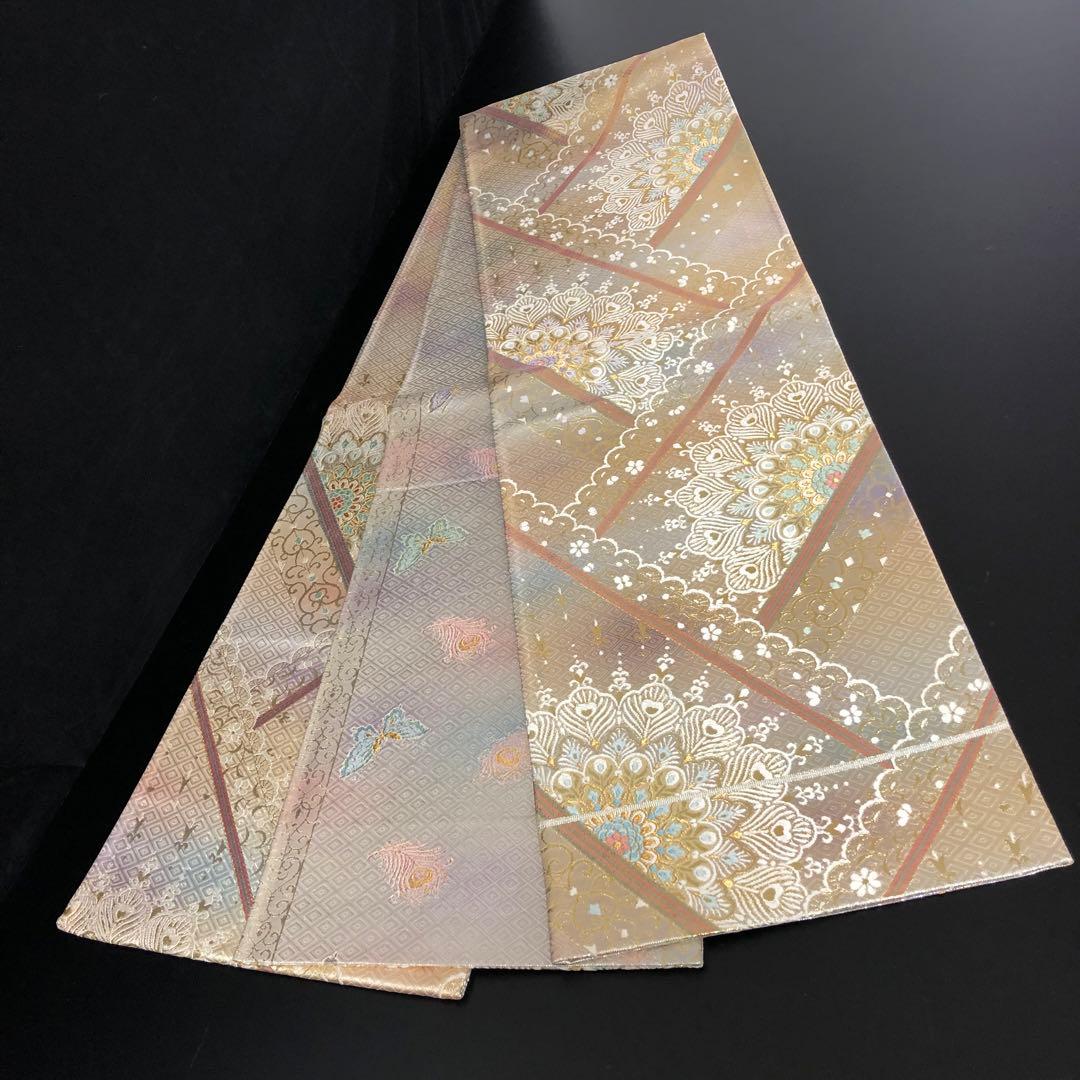 SO-754 袋帯 六通 正絹 華 菱 孔雀羽 幾何学模様 金銀糸 フォーマル