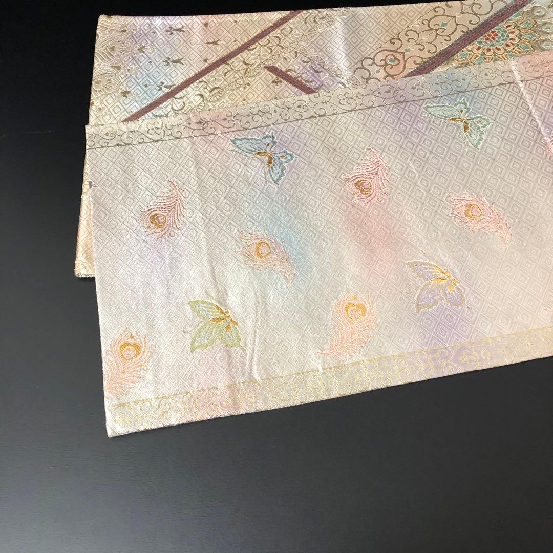 SO-754 袋帯 六通 正絹 華 菱 孔雀羽 幾何学模様 金銀糸 フォーマル