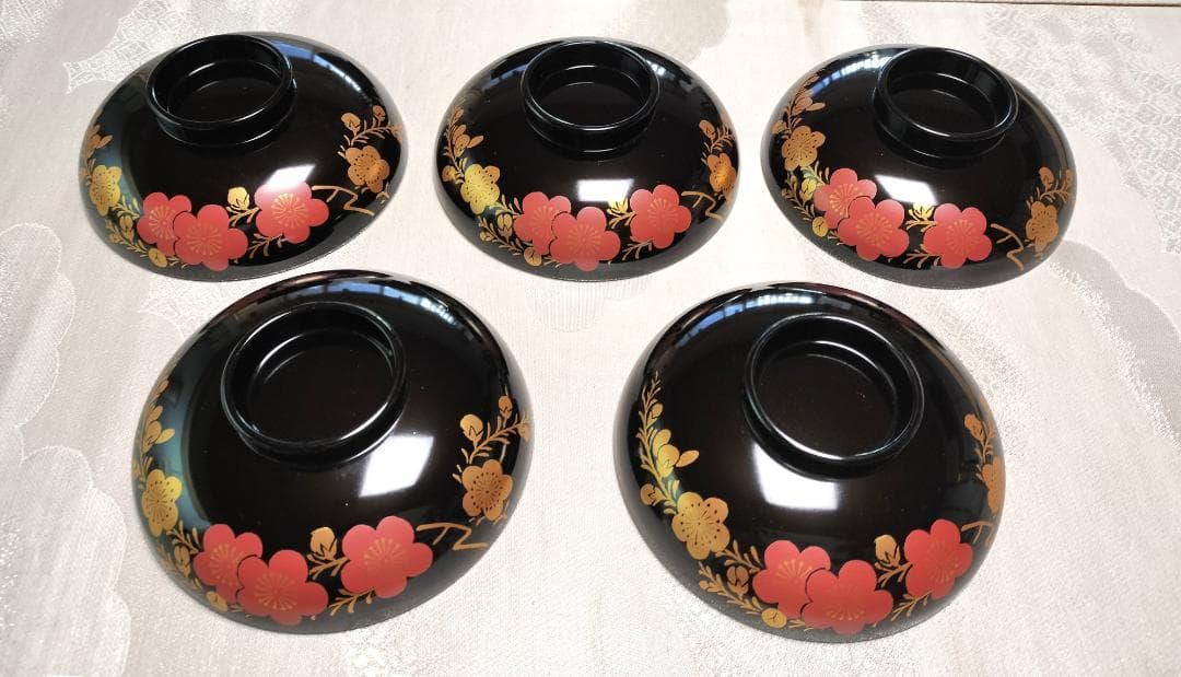 可愛い！梅の花！☆会津塗☆【金彩蒔絵】 ☆お吸物椀☆汁椀☆蓋付き☆五客揃い☆