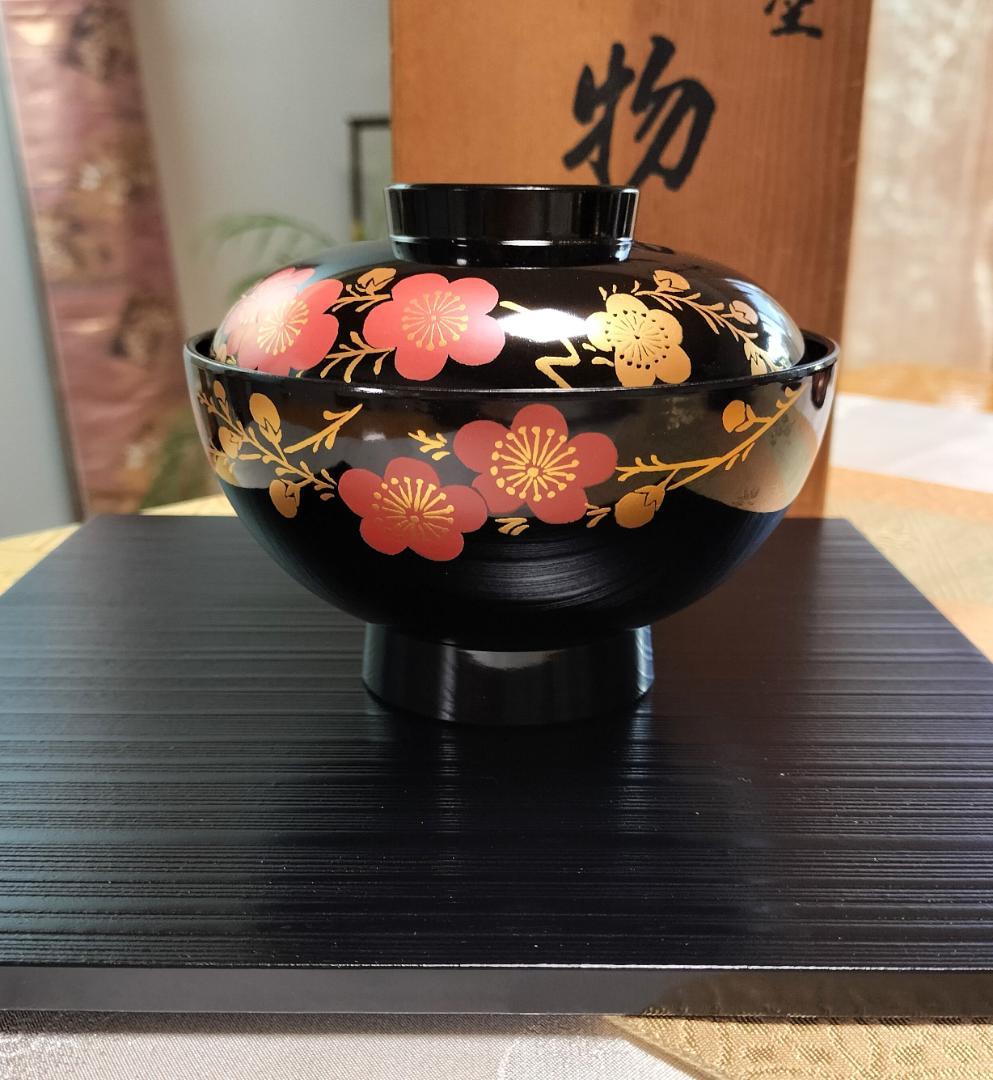 可愛い！梅の花！☆会津塗☆【金彩蒔絵】 ☆お吸物椀☆汁椀☆蓋付き☆五客揃い☆