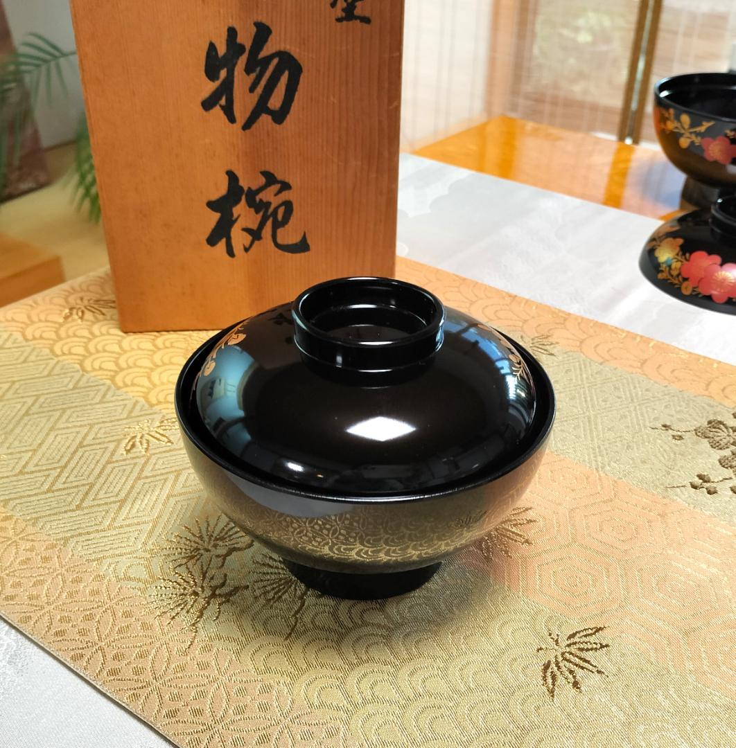 可愛い！梅の花！☆会津塗☆【金彩蒔絵】 ☆お吸物椀☆汁椀☆蓋付き☆五客揃い☆