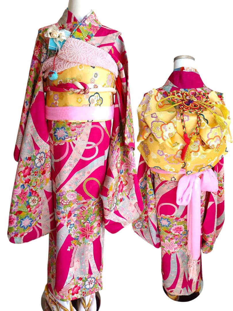 アンティークマゼンダピンク着物とクリーム色作り帯☆フルセット