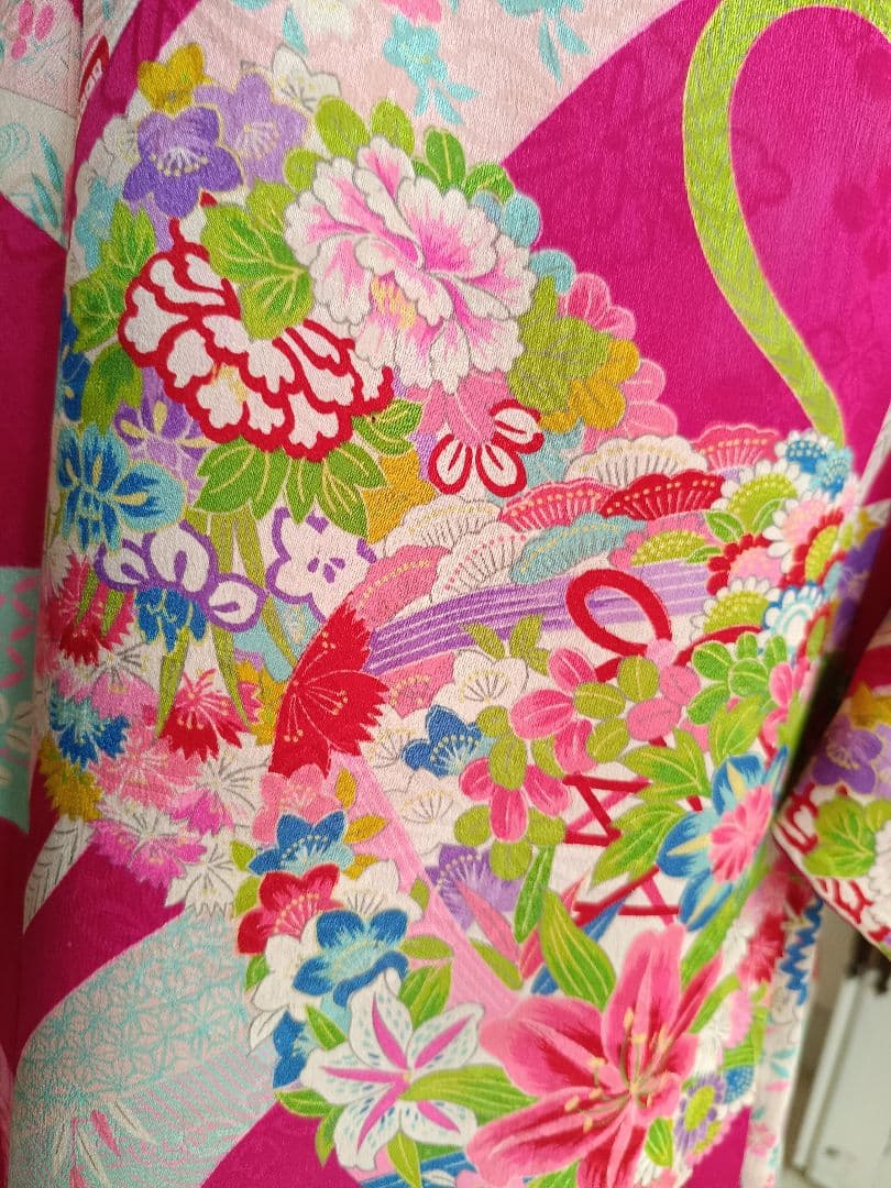 アンティークマゼンダピンク着物とクリーム色作り帯☆フルセット