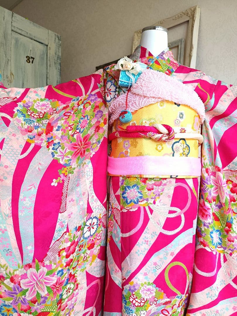 アンティークマゼンダピンク着物とクリーム色作り帯☆フルセット