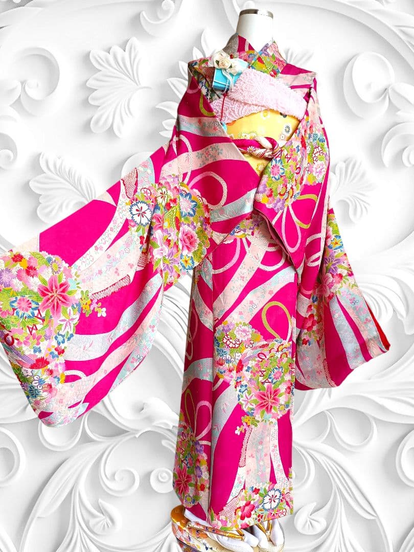 アンティークマゼンダピンク着物とクリーム色作り帯☆フルセット