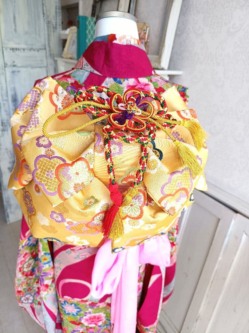 アンティークマゼンダピンク着物とクリーム色作り帯☆フルセット