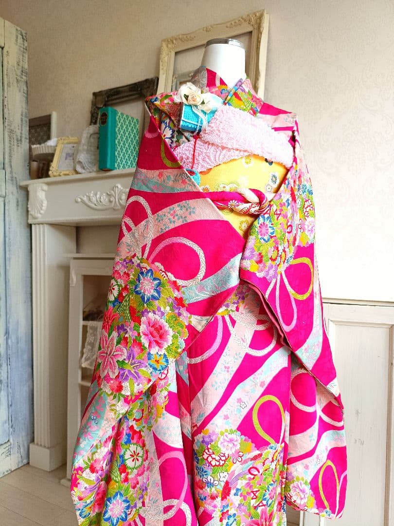 アンティークマゼンダピンク着物とクリーム色作り帯☆フルセット