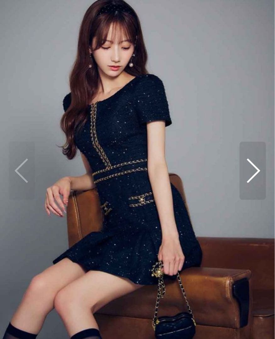 ツイードチェーンプリーツミニドレス S