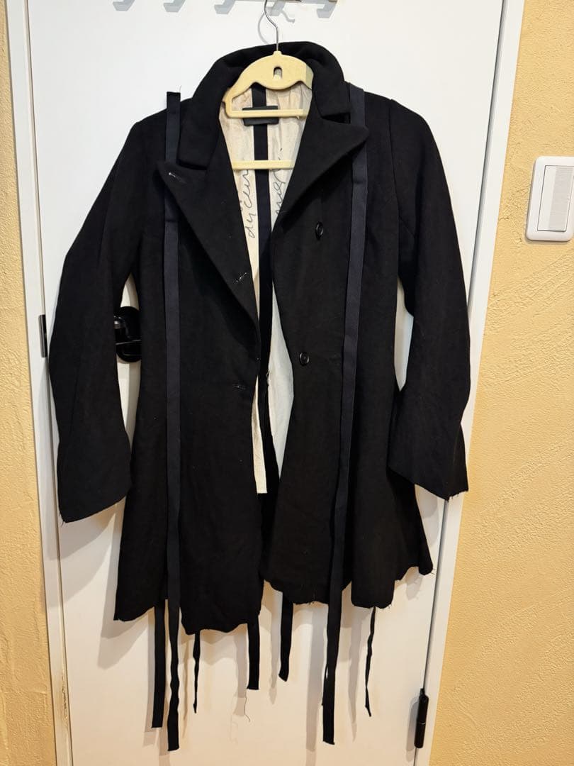 モード系 解体風 ロングコート 黒 リボン付き 立体シルエット