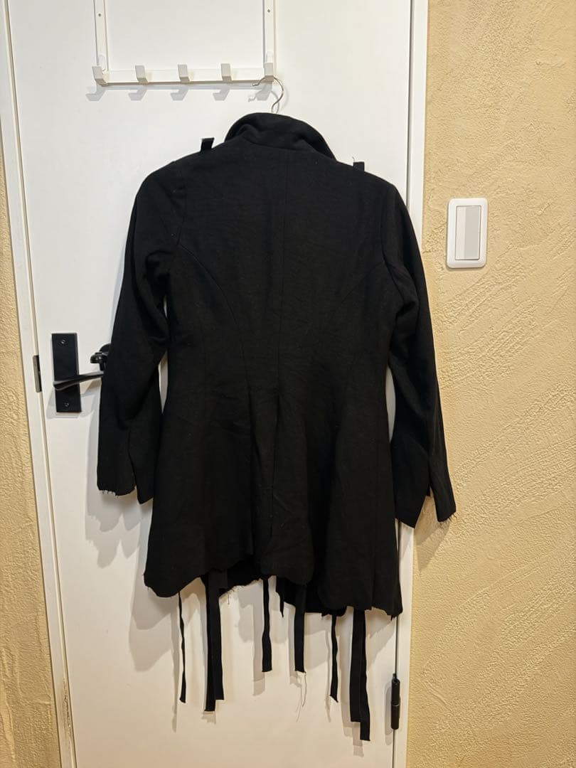 モード系 解体風 ロングコート 黒 リボン付き 立体シルエット