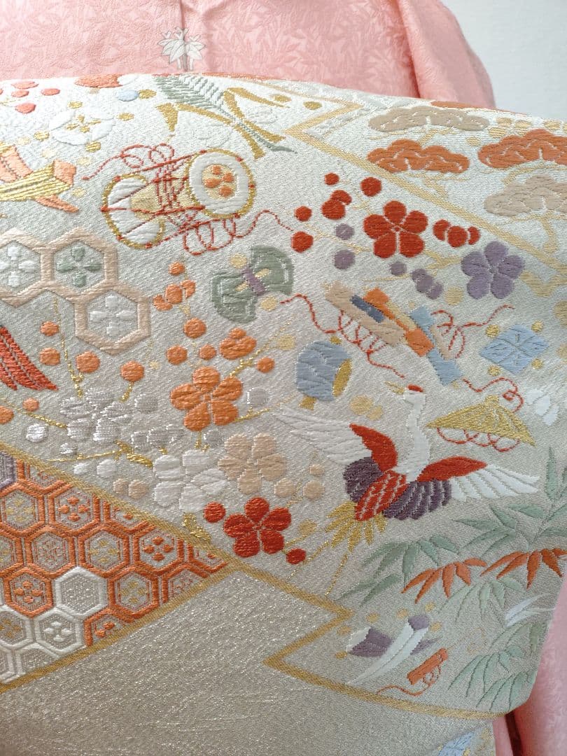 付下げ　訪問着　色無地　袋帯　2点セット　美品　正絹　刺繍　宝尽し