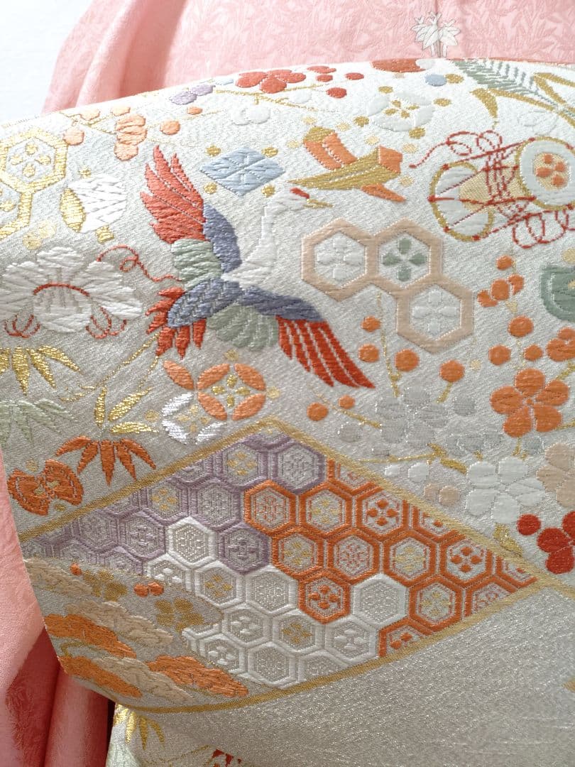 付下げ　訪問着　色無地　袋帯　2点セット　美品　正絹　刺繍　宝尽し