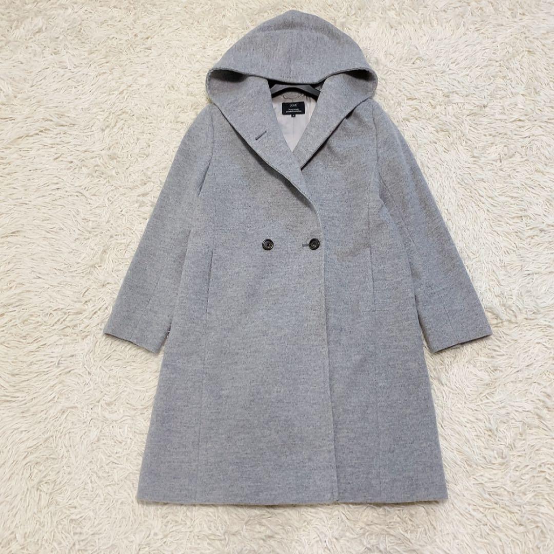 【美品】23区 ウールアンゴラフーデッドコート ダブルブレスト 人気 定価5万