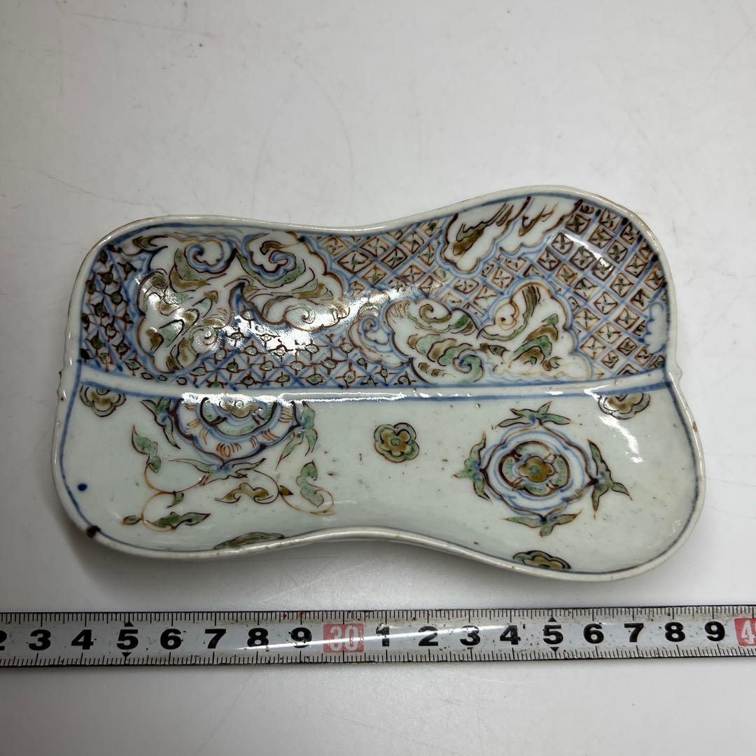 江戸初期　古九谷　芭蕉扇形　皿　幅約14.6㎝　木箱付　　東さ8-0131☆2F