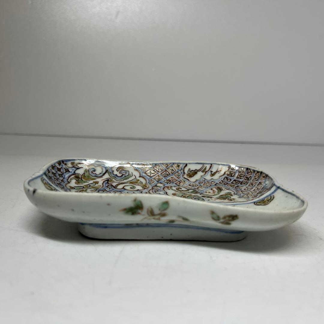 江戸初期　古九谷　芭蕉扇形　皿　幅約14.6㎝　木箱付　　東さ8-0131☆2F