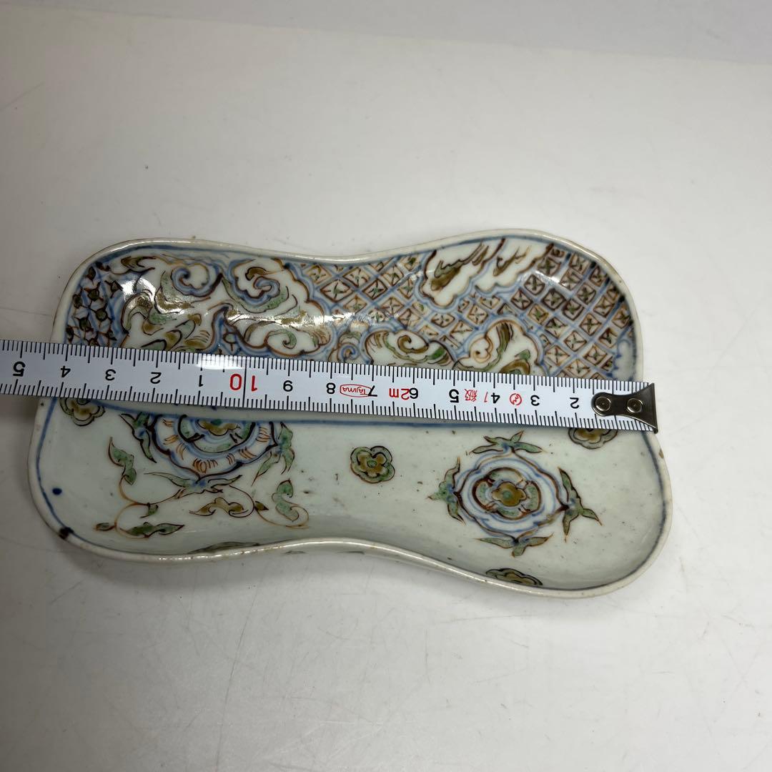 江戸初期　古九谷　芭蕉扇形　皿　幅約14.6㎝　木箱付　　東さ8-0131☆2F