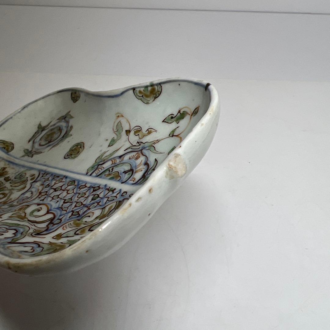 江戸初期　古九谷　芭蕉扇形　皿　幅約14.6㎝　木箱付　　東さ8-0131☆2F