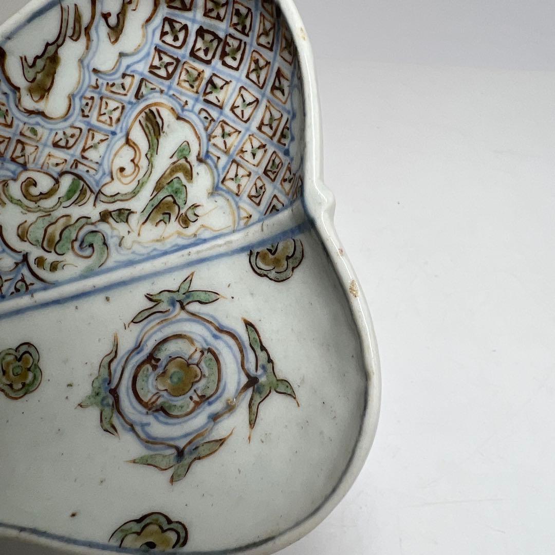 江戸初期　古九谷　芭蕉扇形　皿　幅約14.6㎝　木箱付　　東さ8-0131☆2F