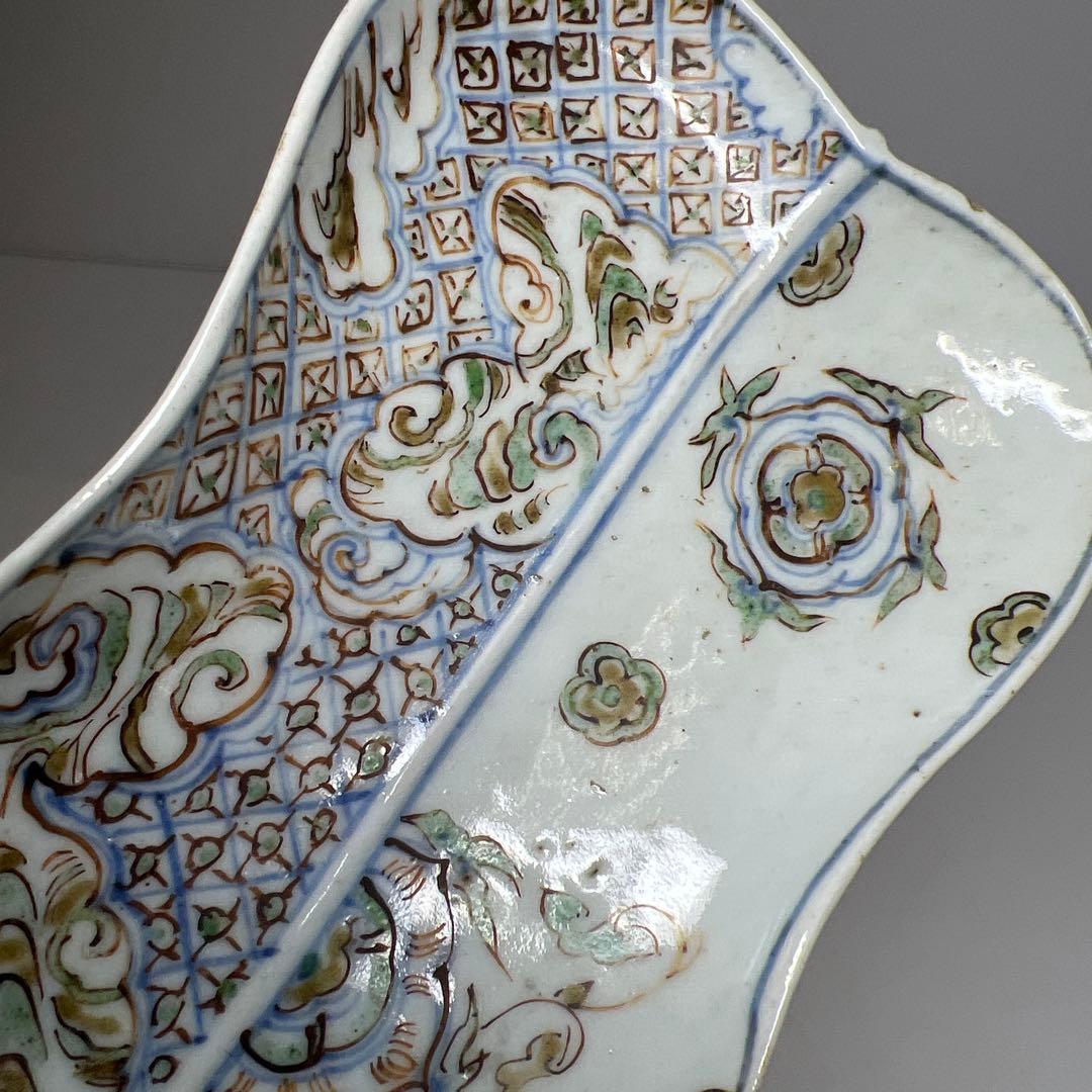 江戸初期　古九谷　芭蕉扇形　皿　幅約14.6㎝　木箱付　　東さ8-0131☆2F