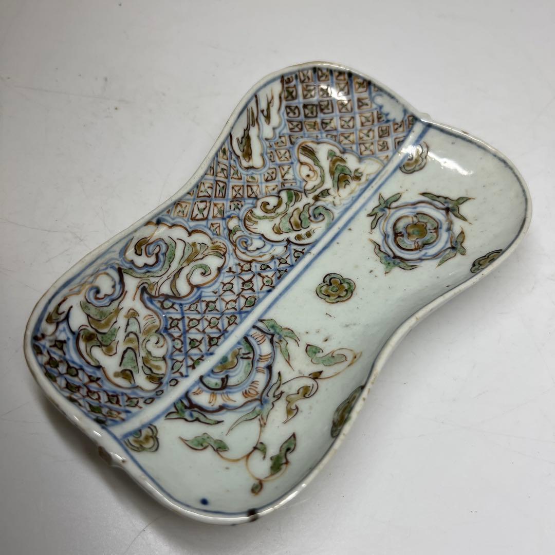 江戸初期　古九谷　芭蕉扇形　皿　幅約14.6㎝　木箱付　　東さ8-0131☆2F