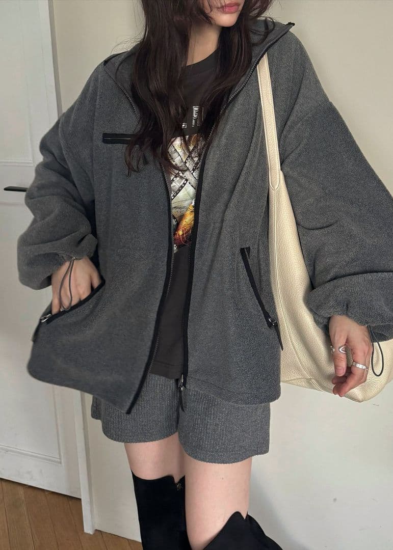 ジャケット・アウター bi color piping fleece drawstring tops