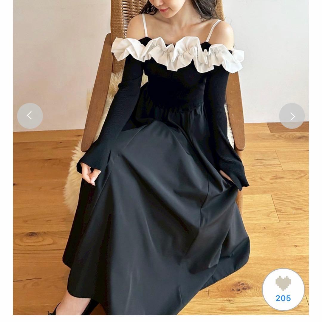 Lily brown フリルカラーニットコンビワンピース