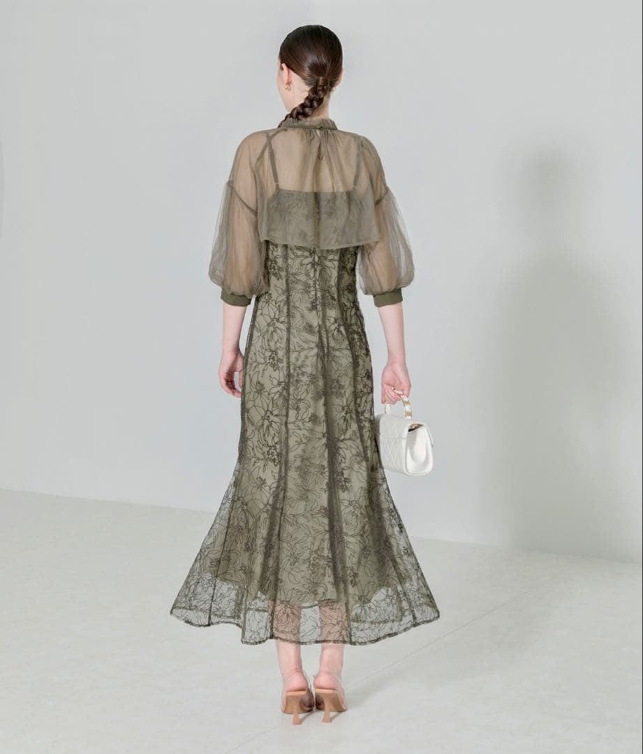 leja オリーブグリーン フラワー刺繍 オケージョンドレス M