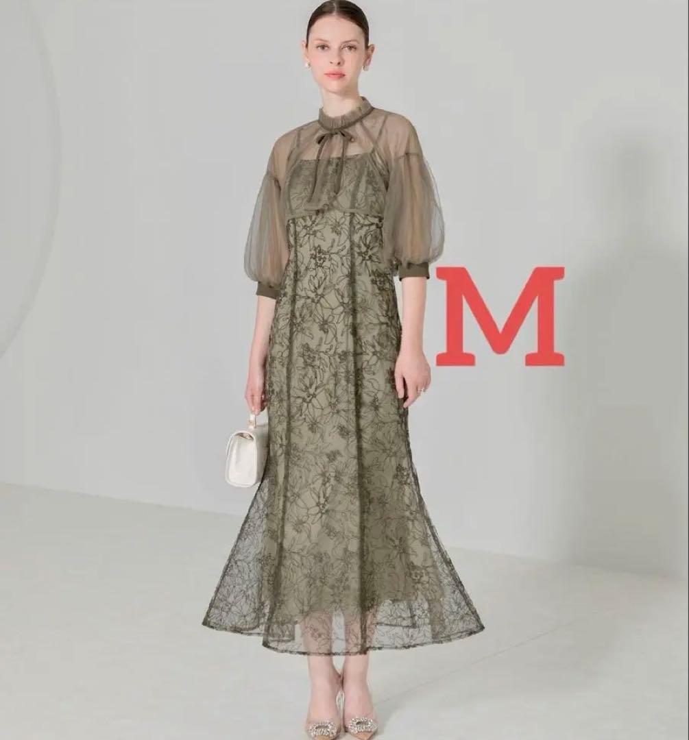leja オリーブグリーン フラワー刺繍 オケージョンドレス M