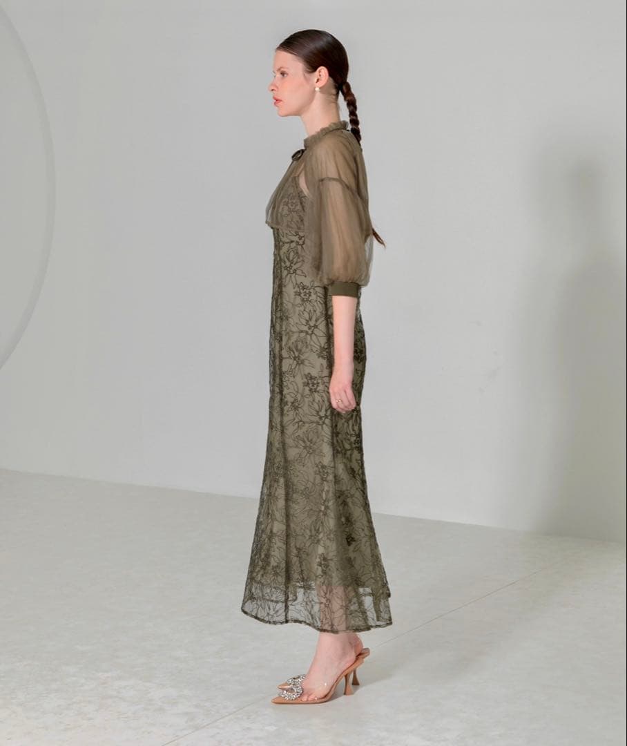 leja オリーブグリーン フラワー刺繍 オケージョンドレス M