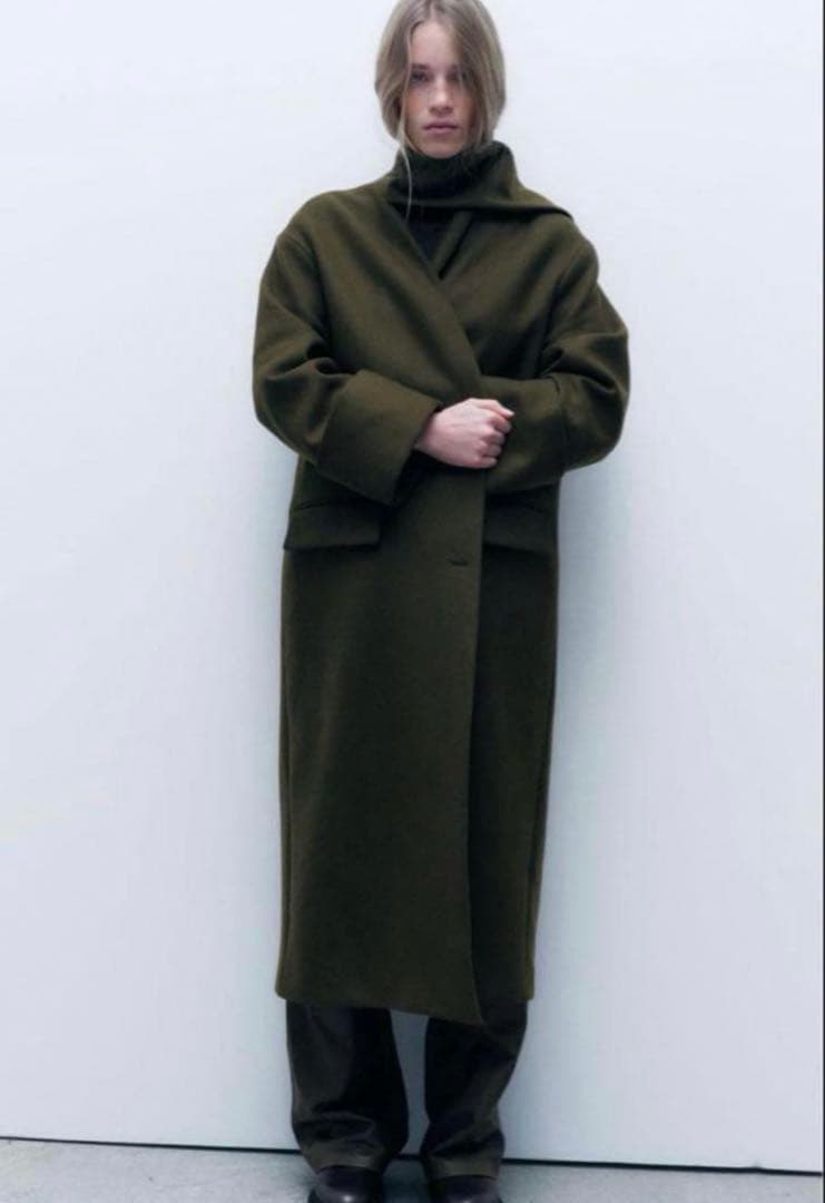 ®️　　ZARA MANTECO スカーフウールコート　ロングコート　カーキ