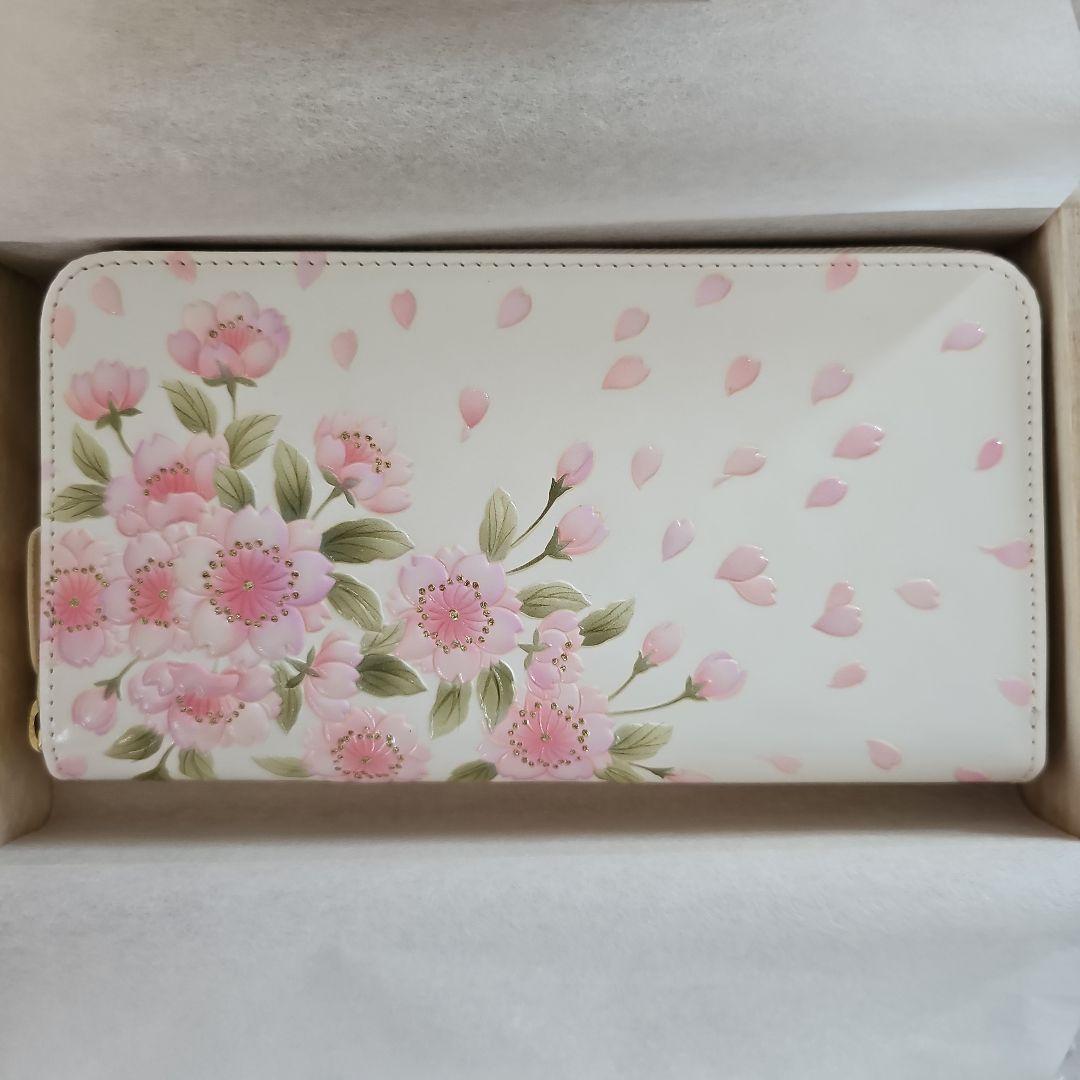 手作り1点物！浅草文庫 牛革横長財布 小紋調柄 八重桜ピンク色