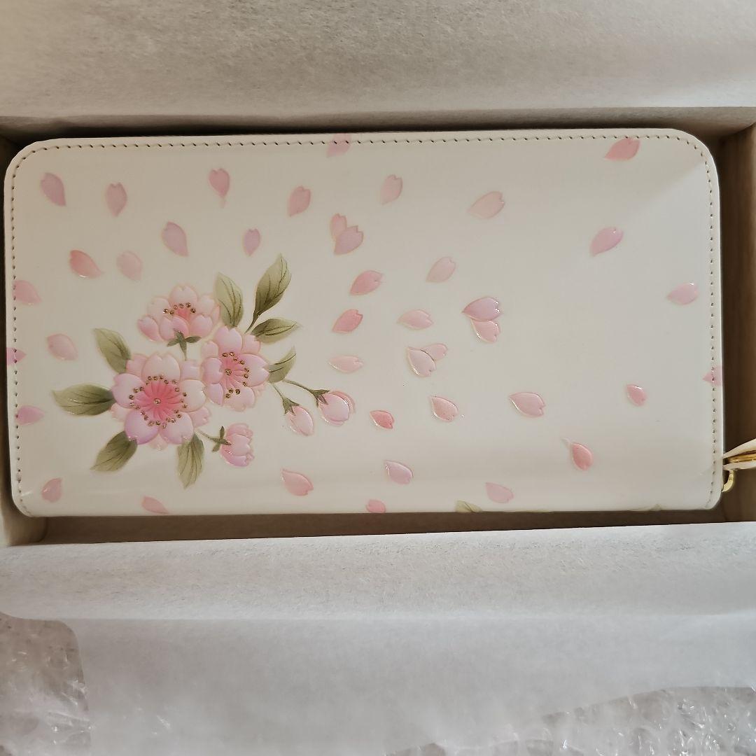 手作り1点物！浅草文庫 牛革横長財布 小紋調柄 八重桜ピンク色