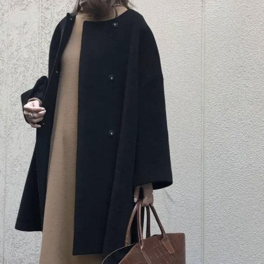 NOBLE ノーブル ウール混ノーカラーコート ブラック ゆったり上品