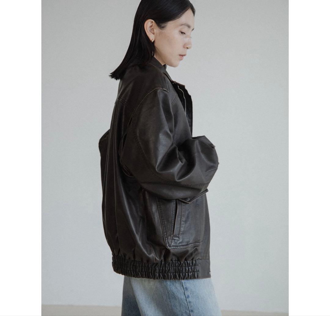 【まめ】ash fake leather jacket+ケーブルニット