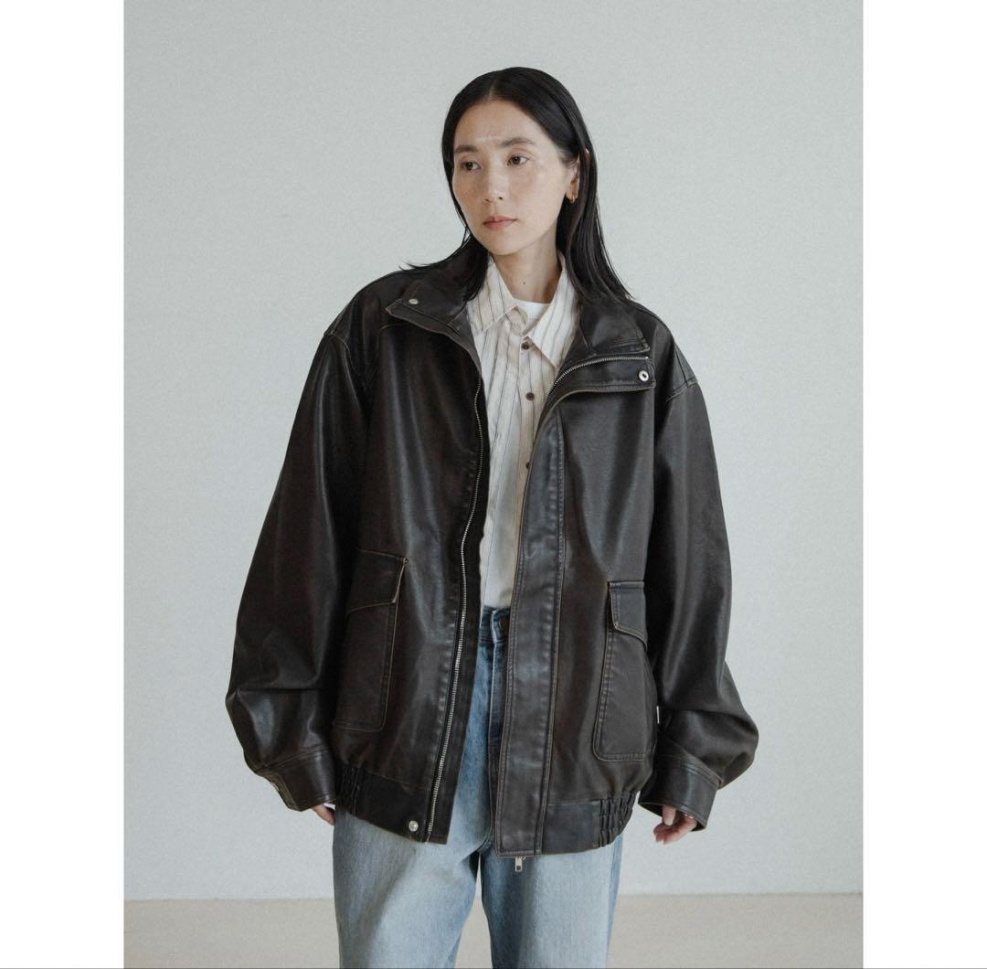 【まめ】ash fake leather jacket+ケーブルニット