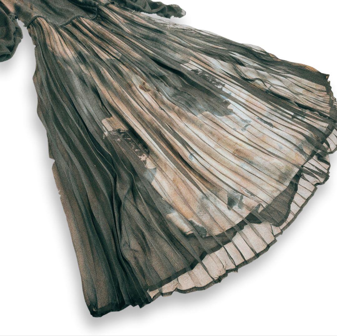 美品☆ カラルス プリント重ねシフォンプリーツデザイン ロング丈 ワンピース