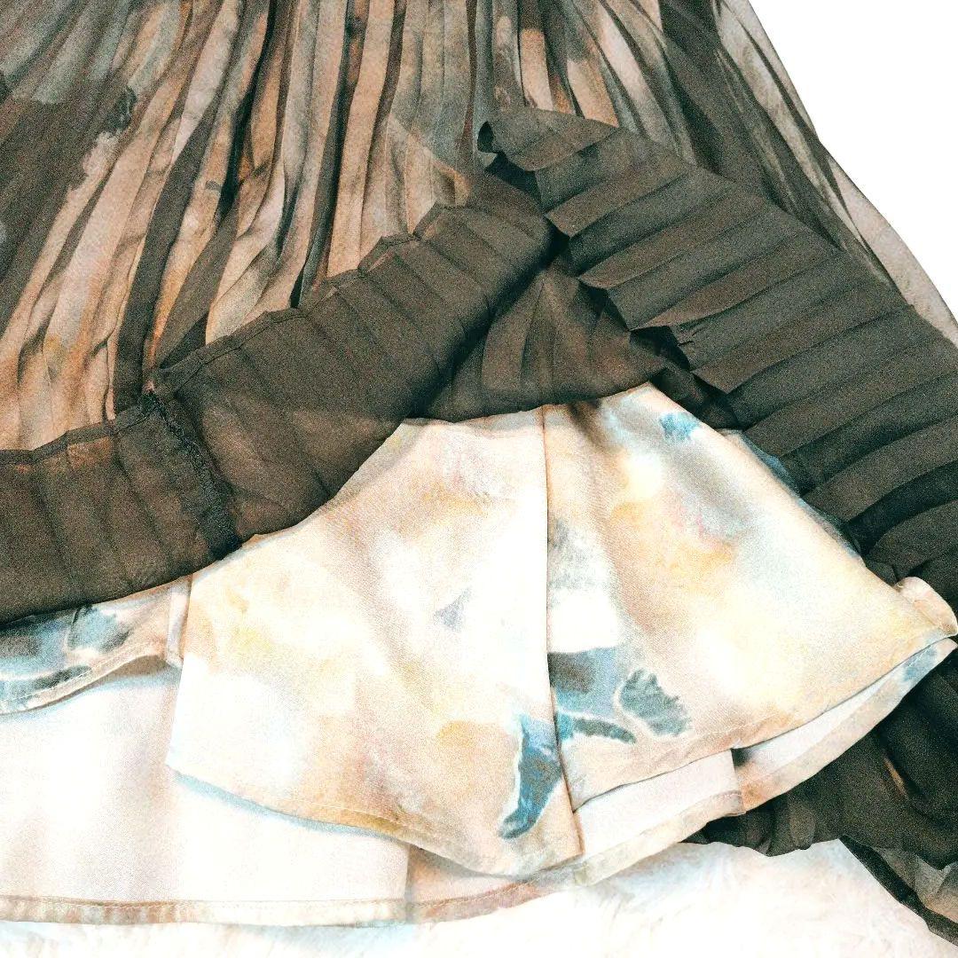 美品☆ カラルス プリント重ねシフォンプリーツデザイン ロング丈 ワンピース