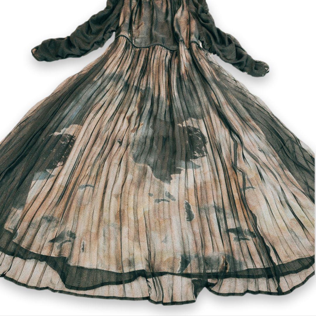 美品☆ カラルス プリント重ねシフォンプリーツデザイン ロング丈 ワンピース