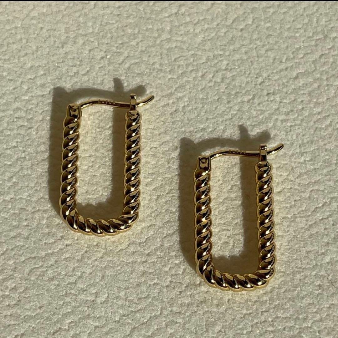 K18YG フープピアス スクエア ツイスト イエローゴールド　Au750