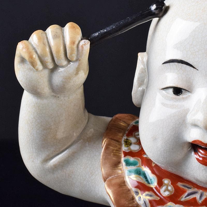 ちゅーちゃん 　古伊万里　陶人形　色絵　太鼓打唐子像　置物　M　R7926