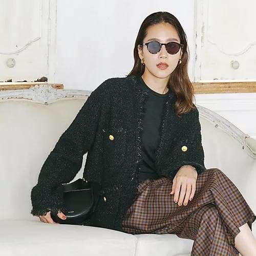 ADAWAS｜定価3.5万 金釦 フリンジ ツイードニットジャケット ブラック