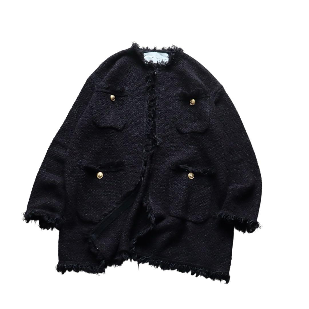 ADAWAS｜定価3.5万 金釦 フリンジ ツイードニットジャケット ブラック