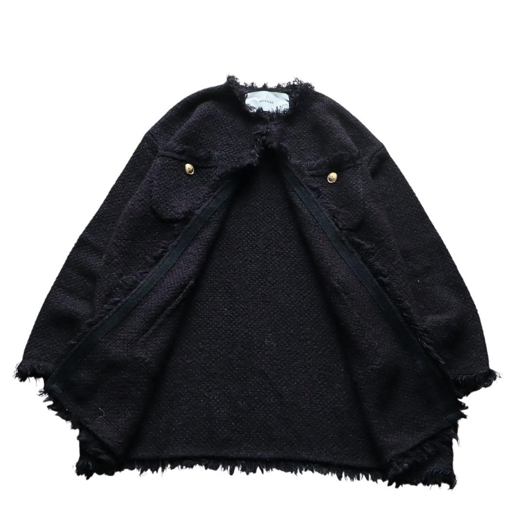 ADAWAS｜定価3.5万 金釦 フリンジ ツイードニットジャケット ブラック
