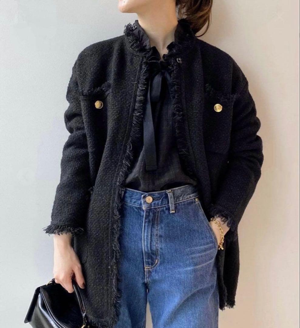 ADAWAS｜定価3.5万 金釦 フリンジ ツイードニットジャケット ブラック