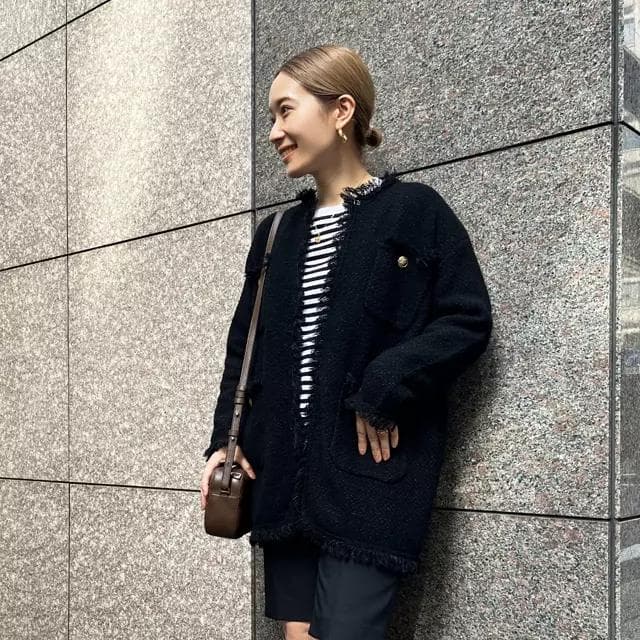 ADAWAS｜定価3.5万 金釦 フリンジ ツイードニットジャケット ブラック