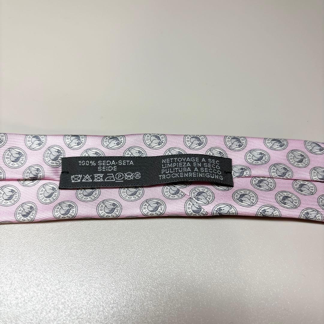 未使用 HERMES しネクタイ 馬柄 ロゴメダル 桜ピンク 光沢 シルク