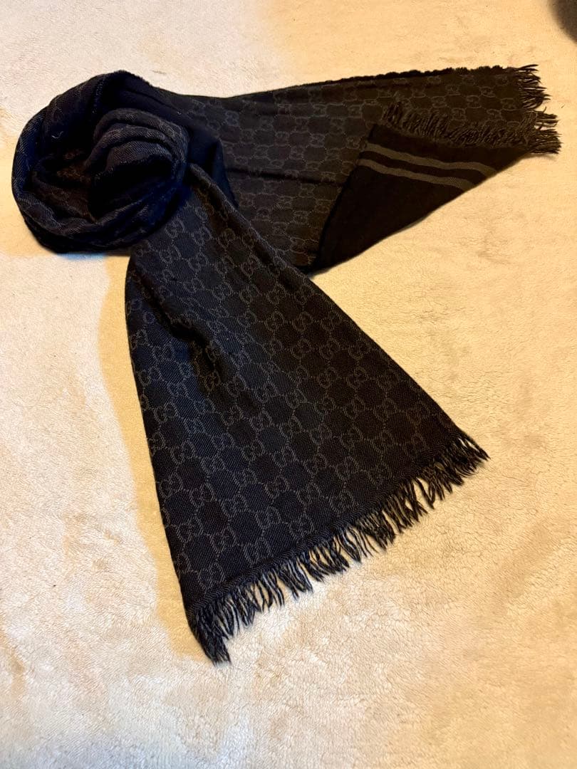 GUCCI グッチ GG柄 マフラー ブラック フリンジ付