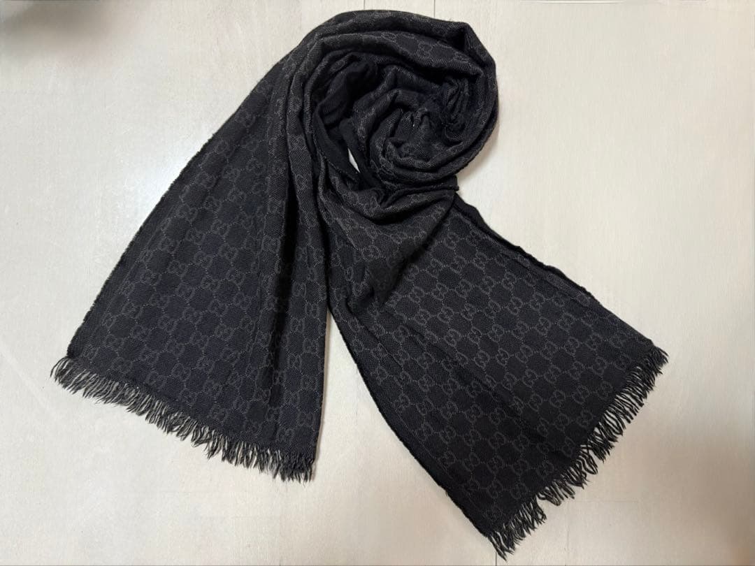 GUCCI グッチ GG柄 マフラー ブラック フリンジ付