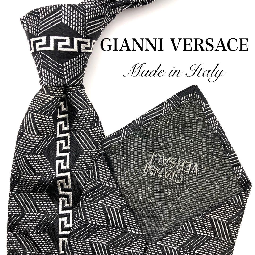 【美品】GIANNI VERSACE ネクタイ 幾何学柄 グレー ブラック
