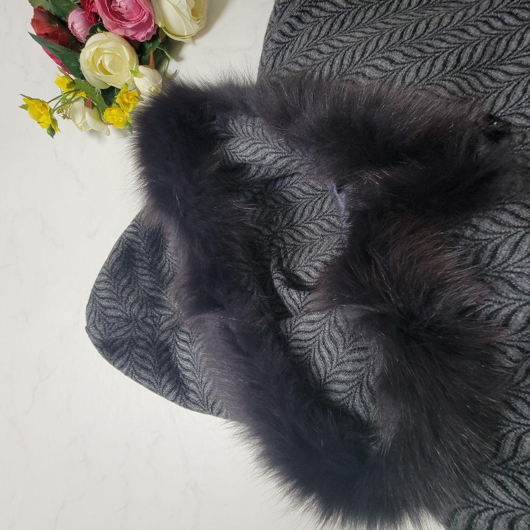 ファー　カシミヤ100% ポンチョ・ケープコート グレー　ヘリンボーン　異素材